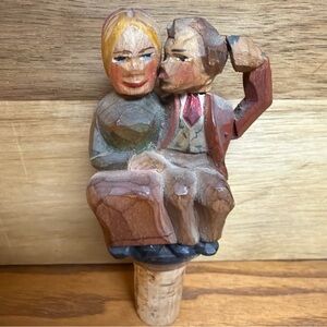 Vintage Handcrafted Wooden Couple Wine Stopper with Mechanical Lever in back.